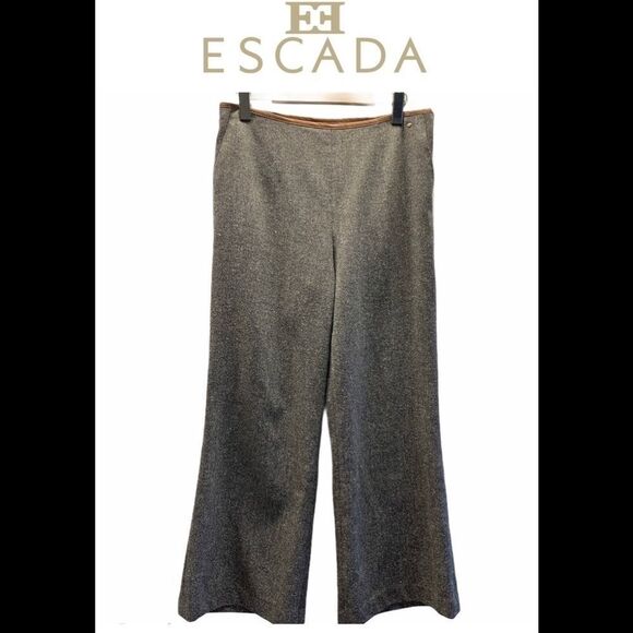 Escada Wool Tweed Leather Trim Wide Leg Pants - Picture 1 of 15